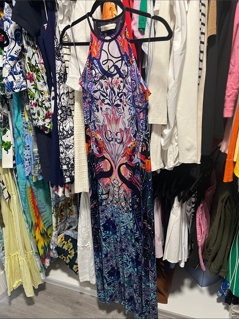 MARY KATRANTZOU Vibrant Multicolor Halter Maxi Dress with Pink & Navy Accents